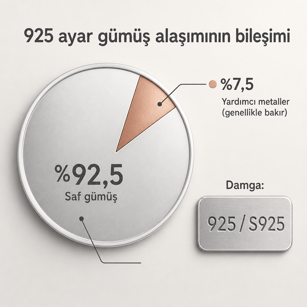 925 ayar gümüşün yaklaşık %92,5 saf gümüş ve %7,5 yardımcı metalden oluştuğunu gösteren dairesel bileşim grafiği