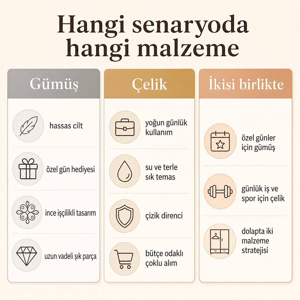 Gümüş ve çelik takıların farklı kullanım senaryolarına göre karşılaştırılması
